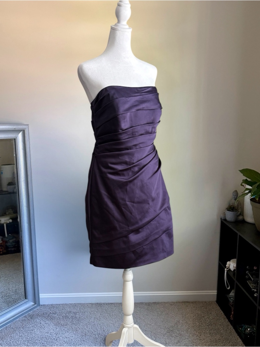 David's Bridal Strapless Ruched Plum Satin Cocktail Dress